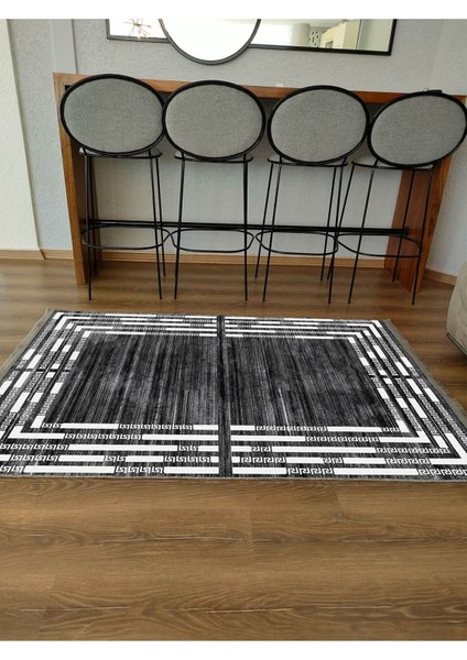 Mars Serisi Koyu Gri ve Krem Tonlarında Çizgili Etnik Desen Kaymaz Taban Şönil Halı