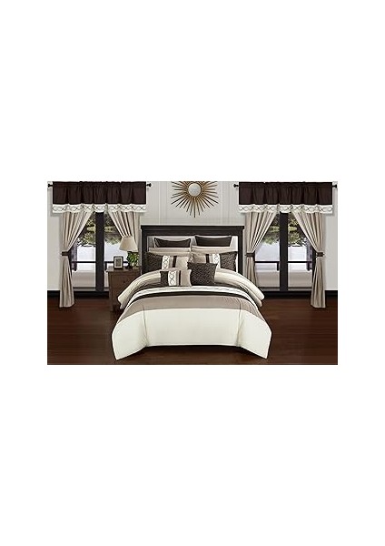 Chic Idit 24 Parça Yorgan Seti Renk Bloğu Işlemeli Tasarım Komple Çanta Yatak Takımı, Kraliçe,