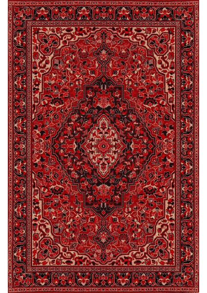 Mars Kırmızı Siyah Etnik Desenli Vintage Şönil Dekoratif Yıkanabilir Salon Halısı 270