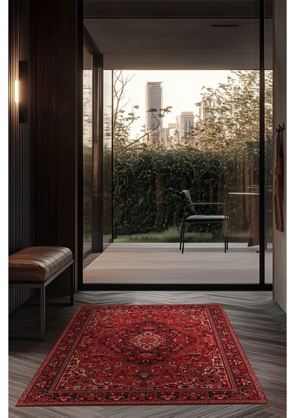 Mars Kırmızı Siyah Etnik Desenli Vintage Şönil Dekoratif Yıkanabilir Salon Halısı 270 fiyatları