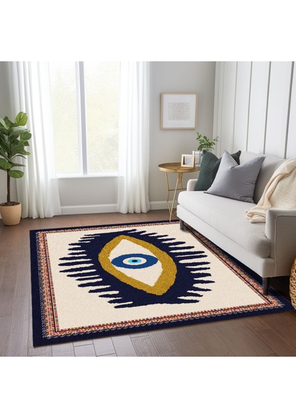 Göz Temalı Mavi Pastel Tonlarında Nazar Boncuğu Dokuma Taban Salon Halısı Çocuk Halısı Mars 252