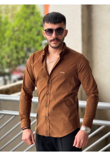Slimfit Kesim Erkek Kadife Kumaş-Kahve