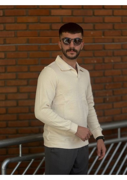 Slimfit Kesim Erkek Yakalı Zincir Örgü Duz Desen Triko Kazak-Ekru