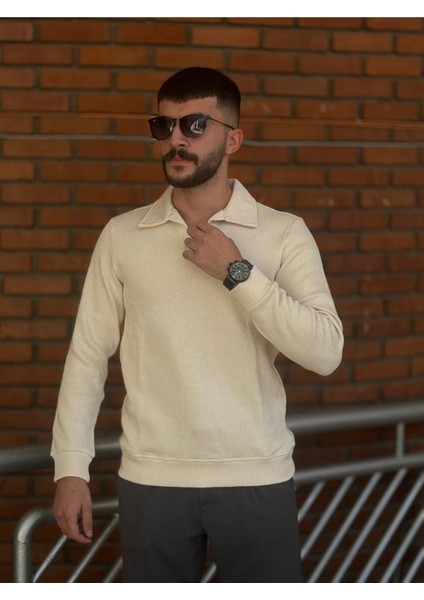 Slimfit Kesim Erkek Yakalı Zincir Örgü Duz Desen Triko Kazak-Ekru modelleri