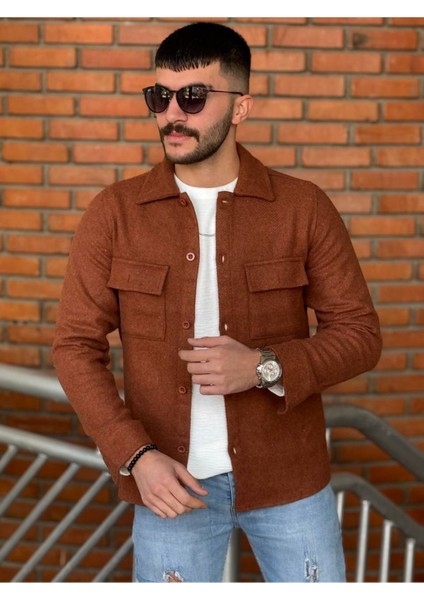 Slimfit Kesim Erkek Kaşmir Cift Cepli Gömlek-Kıremıt modelleri