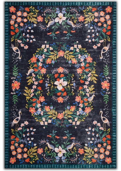 Mars 2184 Lacivert Botanik Floral Çiçeksi Modern ve Country Stil Dokuma Taban Halı