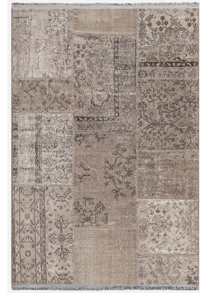 Mars 2089 Kahve Tonlarında Patchwork Eskitme Desen Kaymaz Taban Dekoratif Halı