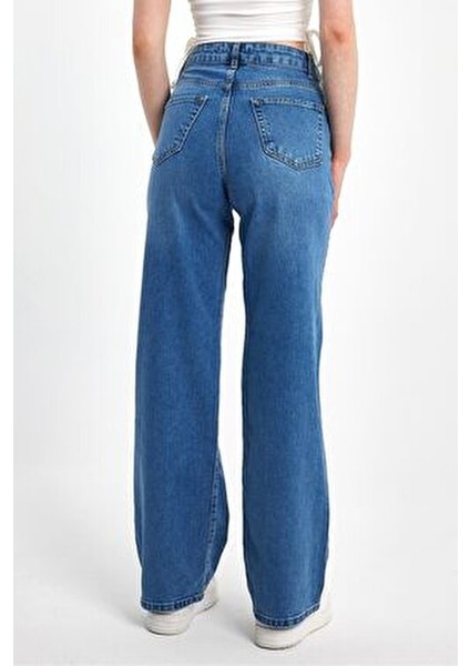 Kadın Wide Leg Denim Pantolon 2 Desenli Bej Günlük Stil Boru Paça