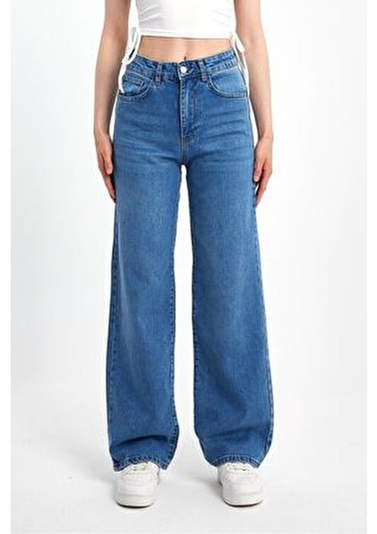 Kadın Wide Leg Denim Pantolon 2 Desenli Bej Günlük Stil Boru Paça