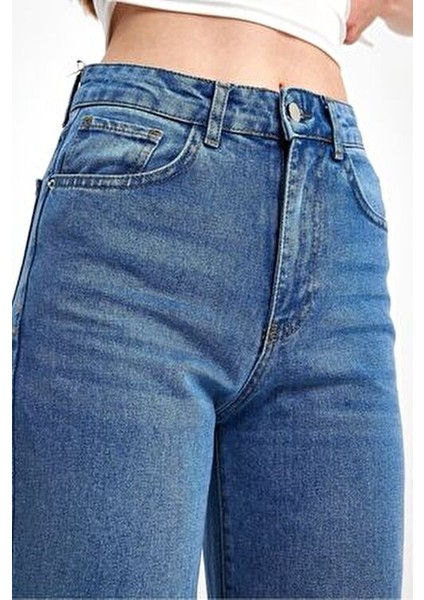 Kadın Wide Leg Denim Pantolon 2 Desenli Bej Günlük Stil Boru Paça