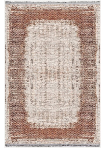 Mars 2096 Kahve Tonlarında Çerçeveli Eskitme Desen Kaymaz Taban Dekoratif Halı