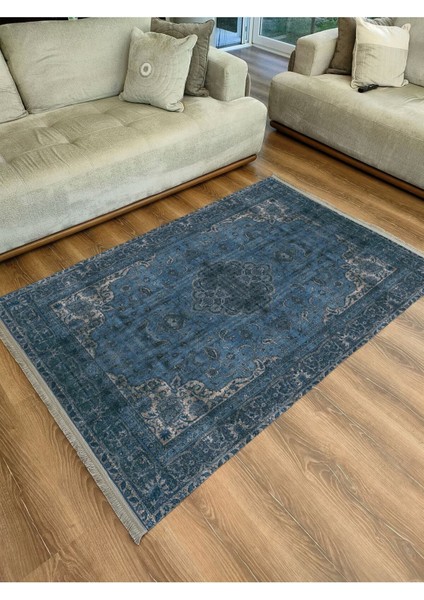 Mars Serisi Lacivert Eskitme Antika Desen Kaymaz Taban Şönil Halı modelleri