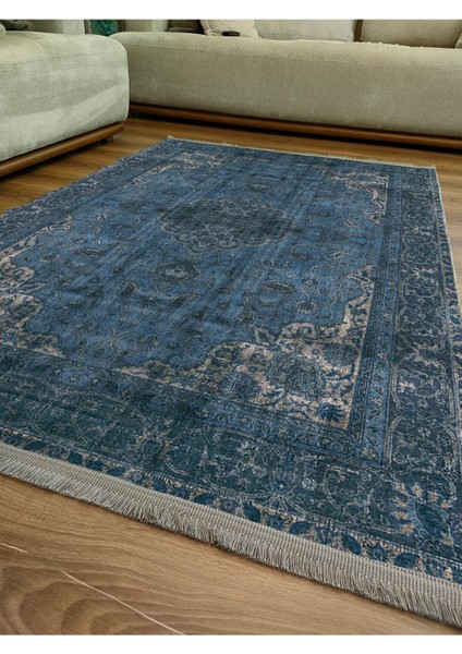 Mars Serisi Lacivert Eskitme Antika Desen Kaymaz Taban Şönil Halı