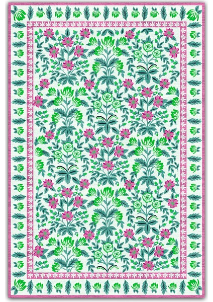 Mars 193 Pembe Yeşil Çiçeksi Pastel Modern Dokuma Taban Halı