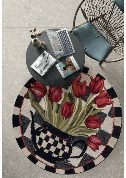 Mars 175 Kırmızı Laleler ve Dama Desenli Dokuma Taban Yuvarlak Halı fiyatları