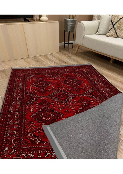 Bordo Otantik Desenli Yıkanabilir Kaymaz Tabanlı Salon Koridor ve Mutfak Halısı Marss 2168