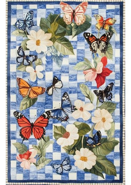 Mars 208 Mavi Beyaz Dama Çiçek Kelebek Figürlü Modern Dokuma Taban Dekoratif Halı fiyatları