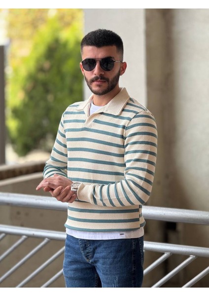 Slimfit Kesim Erkek Yakalı Cizgili Zincir Örgü Triko Kazak-Yeşil