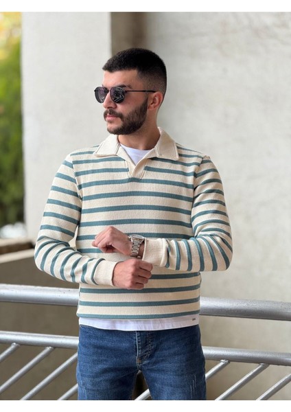 Slimfit Kesim Erkek Yakalı Cizgili Zincir Örgü Triko Kazak-Yeşil fiyatları