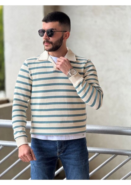 Slimfit Kesim Erkek Yakalı Cizgili Zincir Örgü Triko Kazak-Yeşil modelleri