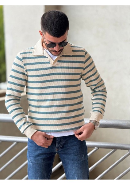 Slimfit Kesim Erkek Yakalı Cizgili Zincir Örgü Triko Kazak-Yeşil fırsatları