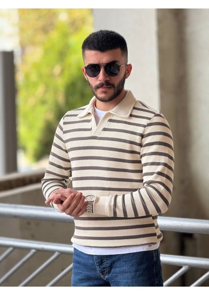 Slimfit Kesim Erkek Yakalı Cizgili Zincir Örgü Triko Kazak-Kahve