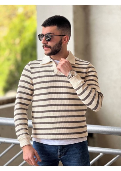 Slimfit Kesim Erkek Yakalı Cizgili Zincir Örgü Triko Kazak-Kahve fiyatları