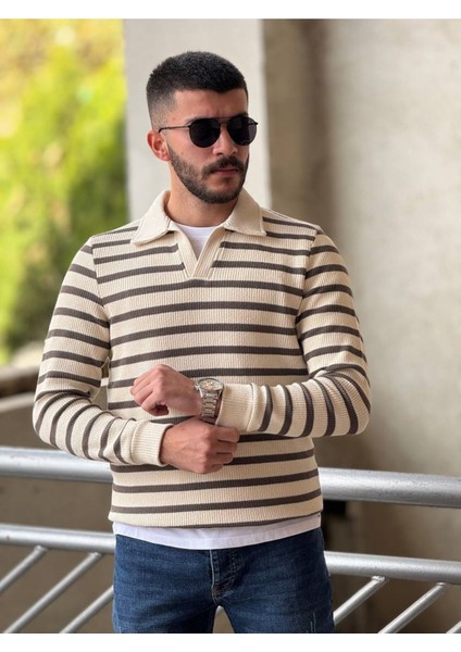 Slimfit Kesim Erkek Yakalı Cizgili Zincir Örgü Triko Kazak-Kahve modelleri