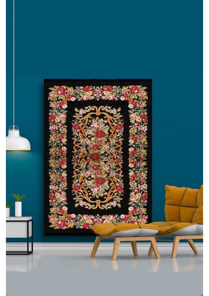 Mars 2001 Siyah Tonunda Çiçekli Bordürlü Eskitme Desen Kaymaz Taban Dekoratifl Halı