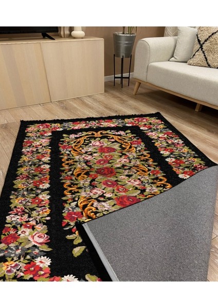 Mars 2001 Siyah Tonunda Çiçekli Bordürlü Eskitme Desen Kaymaz Taban Dekoratifl Halı fırsatları