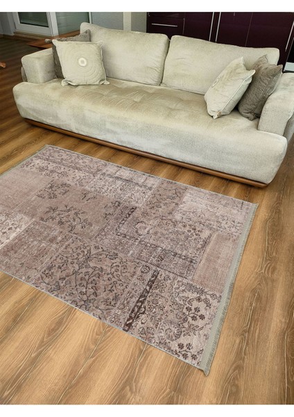 Mars 2089 Kahve Tonlarında Patchwork Eskitme Desen Kaymaz Taban Dekoratif Halı indirimleri