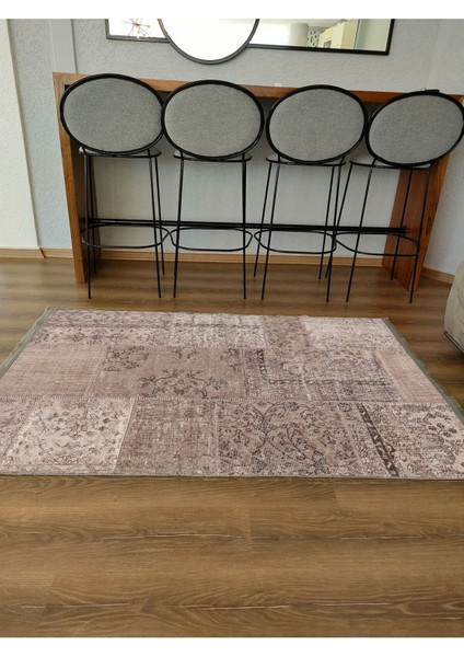 Mars 2089 Kahve Tonlarında Patchwork Eskitme Desen Kaymaz Taban Dekoratif Halı