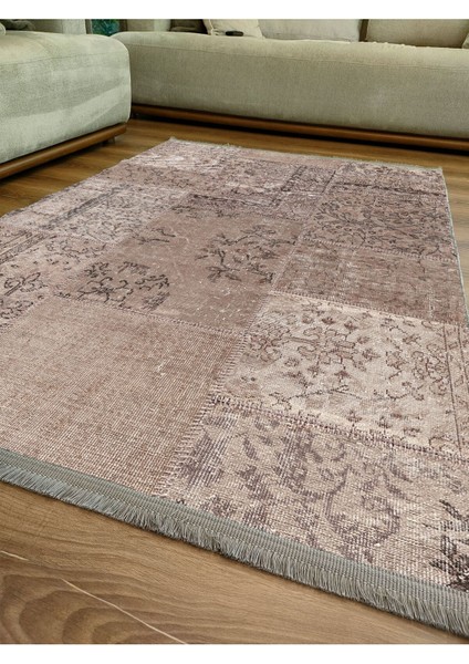 Mars 2089 Kahve Tonlarında Patchwork Eskitme Desen Kaymaz Taban Dekoratif Halı