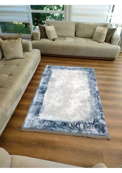 Mars Serisi Mavi Krem Tonlarında Etnik Geometrik Desen Kaymaz Taban Şönil Halı fırsatları