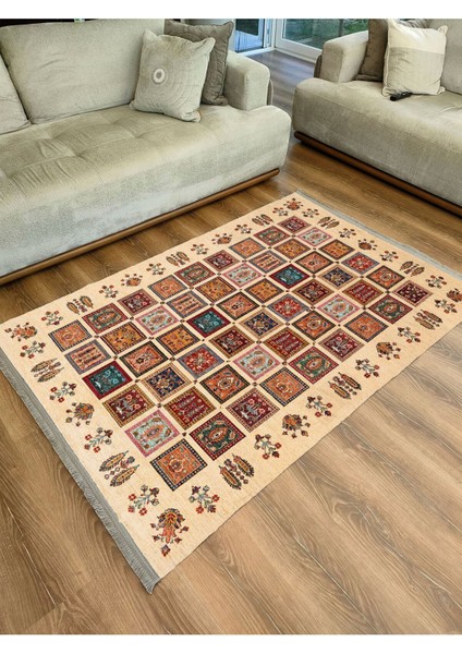 Mars 2085 Bej Tonlarında Otantik Desen Kaymaz Taban Dekoratif Halı modelleri