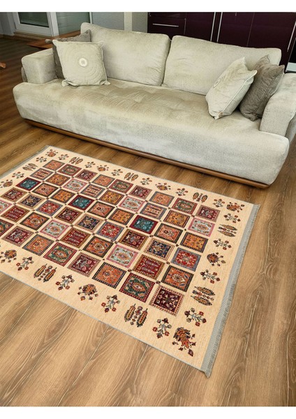 Mars 2085 Bej Tonlarında Otantik Desen Kaymaz Taban Dekoratif Halı indirimleri