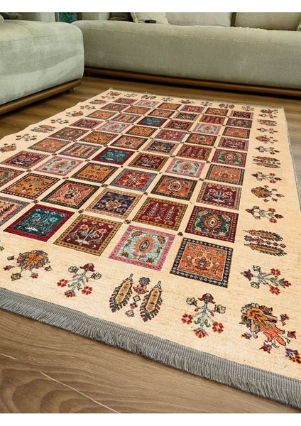 Mars 2085 Bej Tonlarında Otantik Desen Kaymaz Taban Dekoratif Halı