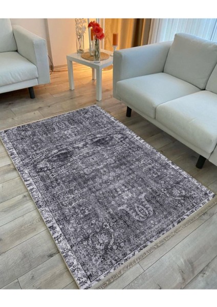 Mars 2025 Gri Tonunda Bordürlü Klasik Desen Kaymaz Taban Dekoratif Halı