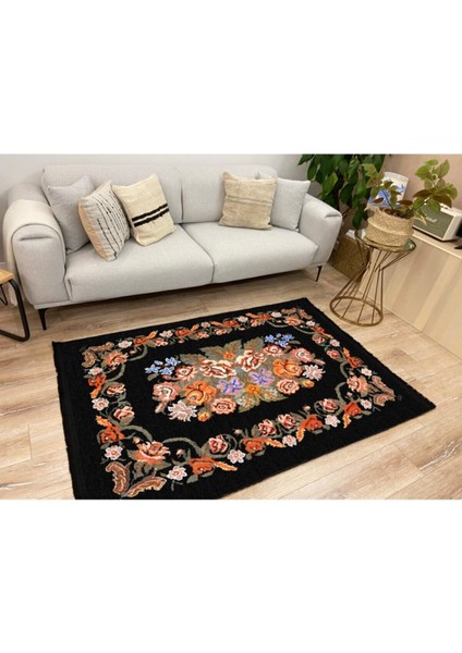 Mars 2004 Siyah Çiçekli Bordürlü Klasik Desen Kaymaz Taban Dekoratif Halı modelleri