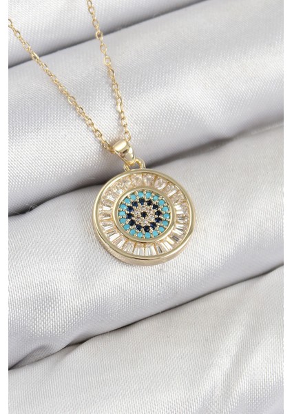 Pirinç Zirkon Taşlı Su Yolu Nazar Model Gold Renk Kadın Kolye