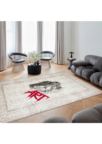 Mars 170 Bej Vintage Art Yazılı Heykel Figürlü Modern Dokuma Taban Halı fiyatları