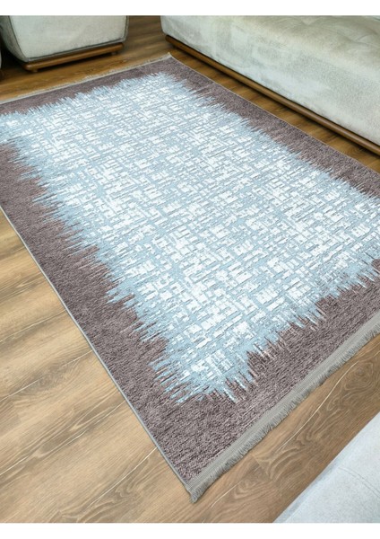 Mars Serisi Mavi Tonlarında Çerçeveli Etnik Desen Kaymaz Taban Şönil Halı