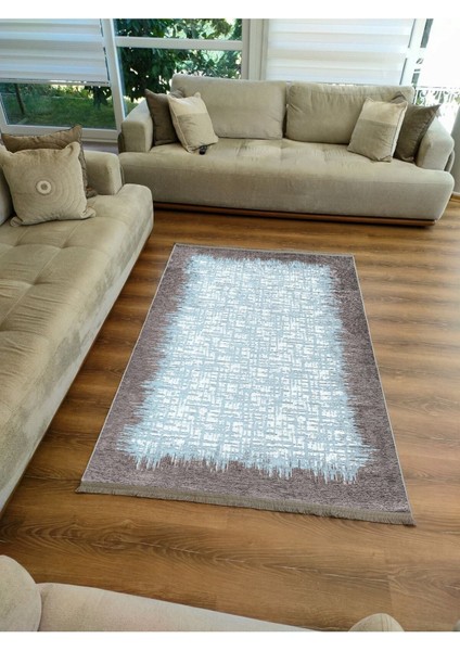 Mars Serisi Mavi Tonlarında Çerçeveli Etnik Desen Kaymaz Taban Şönil Halı modelleri