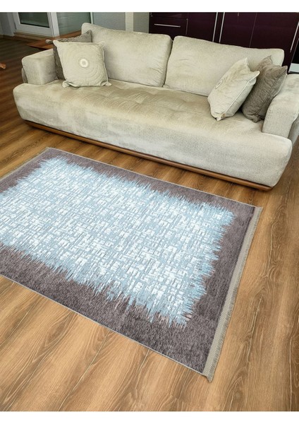 Mars Serisi Mavi Tonlarında Çerçeveli Etnik Desen Kaymaz Taban Şönil Halı fırsatları