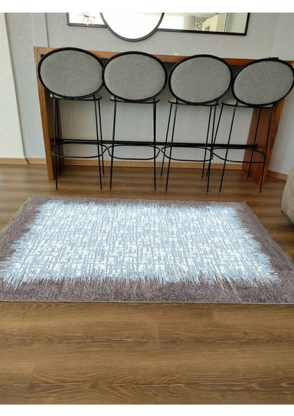 Mars Serisi Mavi Tonlarında Çerçeveli Etnik Desen Kaymaz Taban Şönil Halı indirimleri