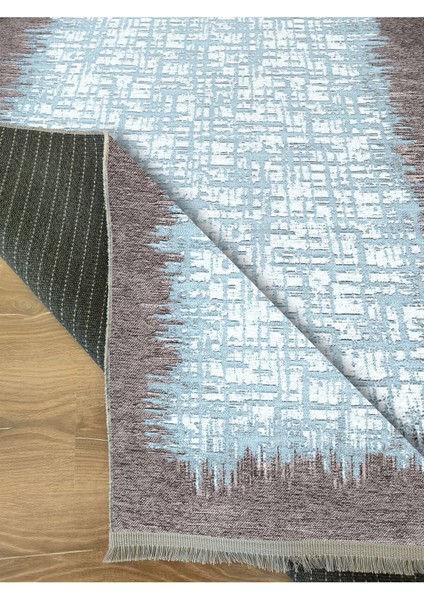 Mars Serisi Mavi Tonlarında Çerçeveli Etnik Desen Kaymaz Taban Şönil Halı