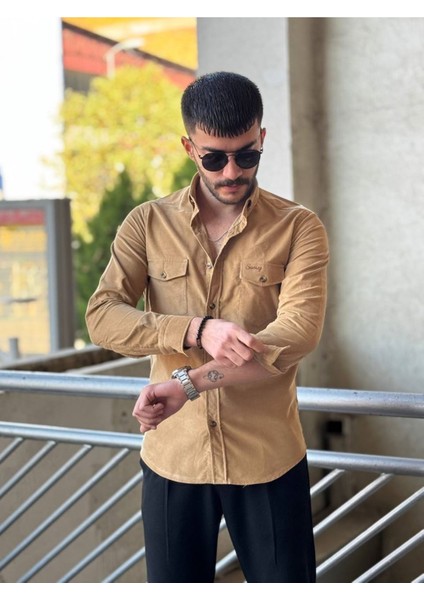 Slimfit Kesim Erkek Kadife Kumas Cift Cepli Gömlek-Vizon