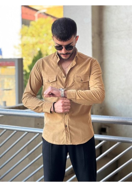 Slimfit Kesim Erkek Kadife Kumas Cift Cepli Gömlek-Vizon fiyatları