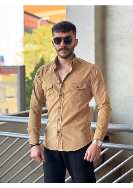 Slimfit Kesim Erkek Kadife Kumas Cift Cepli Gömlek-Vizon modelleri