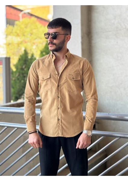 Slimfit Kesim Erkek Kadife Kumas Cift Cepli Gömlek-Vizon fırsatları